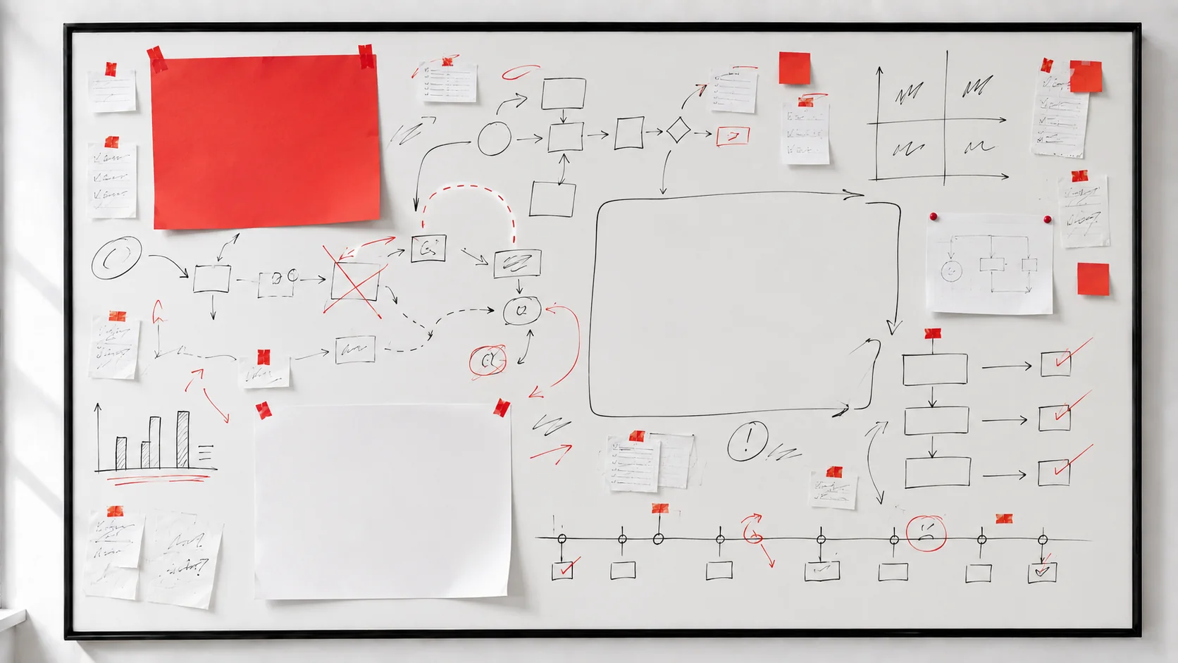 A real white strategy board filled with decision maps, charts, red notes, and pinned working papers.